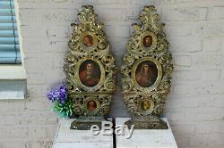 Rare PAIR church antique 18thc wood carved religious plaques panel 3 paintings