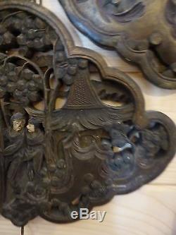 Rare Pair Antique Chinese Carved Wood Panels with Original Passementerie, c1880
