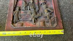 Rare Vintage Chinese Hand Carved Red Wood Panel Relief Antique