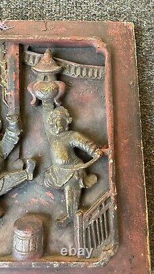 Rare Vintage Chinese Hand Carved Red Wood Panel Relief Antique