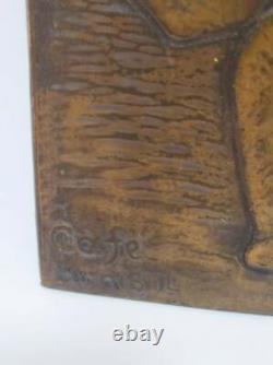 Rare Vintage Pair Of Brazilian Brass Hand Carved On Wood Hanging Wall Panels