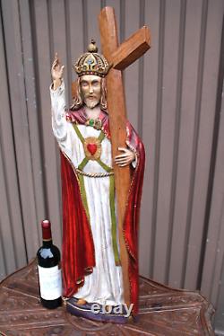 Rare XL wood carved christus christ king crucifix panel statue signed 1963