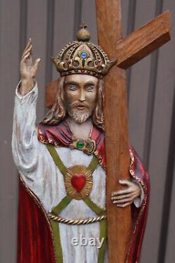 Rare XL wood carved christus christ king crucifix panel statue signed 1963