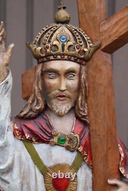 Rare XL wood carved christus christ king crucifix panel statue signed 1963