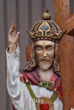 Rare XL wood carved christus christ king crucifix panel statue signed 1963