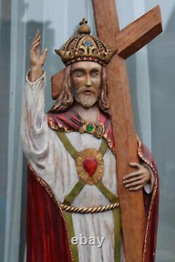 Rare XL wood carved christus christ king crucifix panel statue signed 1963