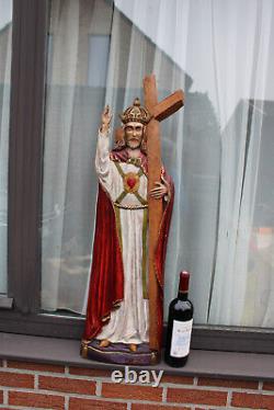 Rare XL wood carved christus christ king crucifix panel statue signed 1963