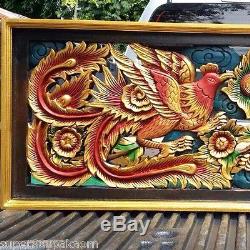 Red Dragon Phoenix Wood Art Carving Home Wall Sculpture Panel Decor 15 x 39