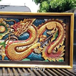 Red Dragon Phoenix Wood Art Carving Home Wall Sculpture Panel Decor 15 x 39