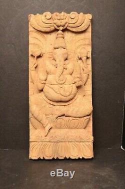 Relief Panel Wall Sculpture Hand Carved Wood India Hindu shrine Ganesha god 18