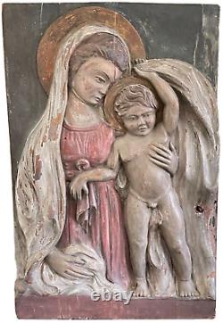 Religious Hand Carved Wood panel Depicting Virgin Mary and Jesus in High Relief