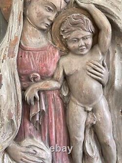 Religious Hand Carved Wood panel Depicting Virgin Mary and Jesus in High Relief