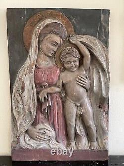 Religious Hand Carved Wood panel Depicting Virgin Mary and Jesus in High Relief