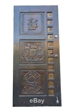 Renaissance Style Carved Oak Panel Door With Sea-Glass Border Midcentury Gothic