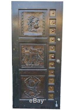 Renaissance Style Carved Oak Panel Door With Sea-Glass Border Midcentury Gothic