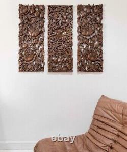 Roses Wall Art Wooden Hand Carved Thai Teak Relief Panel Set of 3 Panels Hanging
