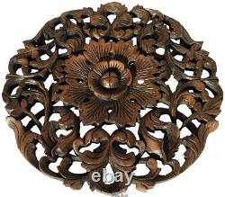 Round Wood Carved Floral Wall Art Decor. Asian Home Decor Wood Wall Panels. 17.5