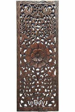 Rustic Carved Wood Wall Decor Panel. Floral Wood Wall Art. Dark Brown 35.5x13.5