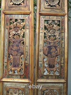 S1P. Antique Carved Gold Gilt Wood Panel with two pcs/set Vase/ Flower and Fish