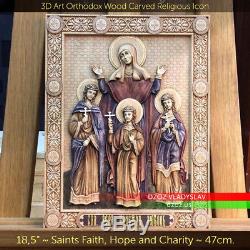 Saints Faith Hope and Charity Wood Carved Icon orthodox picture art decor panel