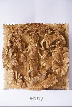 Sarasvati Wall Decor 15.6 inch, Saraswati Wooden Panel, Saraswathi on Swan