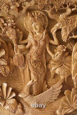 Sarasvati Wall Decor 15.6 inch, Saraswati Wooden Panel, Saraswathi on Swan