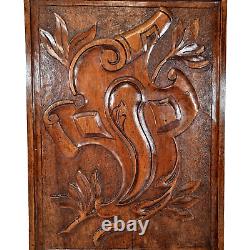 Scroll leaf shield wood carving panel 163 Antique French architectural salvage