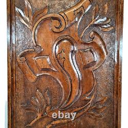 Scroll leaf shield wood carving panel 163 Antique French architectural salvage