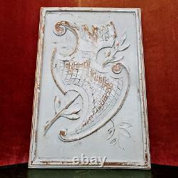 Scroll leaf shield wood carving panel 1909 Antique French architectural salvage