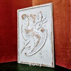 Scroll leaf shield wood carving panel 1909 Antique French architectural salvage