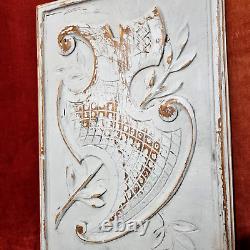 Scroll leaf shield wood carving panel 1909 Antique French architectural salvage