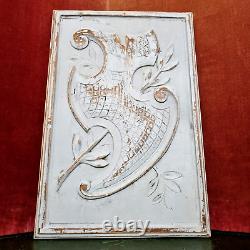 Scroll leaf shield wood carving panel 1909 Antique French architectural salvage