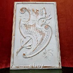 Scroll leaf shield wood carving panel 1909 Antique French architectural salvage