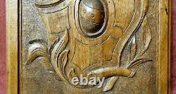 Scroll leaves blason carved wood panel Antique french architectural salvage 18