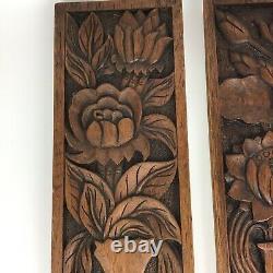 Set 3 Vintage Mid Century Hand Carved Wood Relief Floral Vase 3D MCM Art Panels
