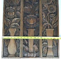 Set 3 Vintage Mid Century Hand Carved Wood Relief Floral Vase 3D MCM Art Panels