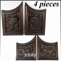 Set 4pc Antique Carved Wood Cabinet Panels, Neo-Renaissance, Gothic Cornucopia