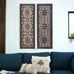 Set of 2 Hand-Carved Rustic Wooden Wall Panels Sculptures, Moroccan Style Floral