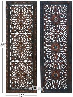 Set of 2 Hand-Carved Rustic Wooden Wall Panels Sculptures, Moroccan Style Floral