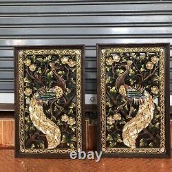 Set of 2 Peacock Hand Carved Wood Wall Hanging Panel Home Decor