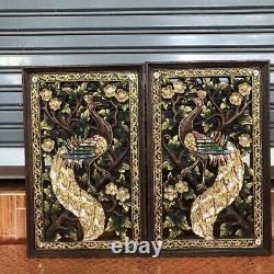 Set of 2 Peacock Hand Carved Wood Wall Hanging Panel Home Decor