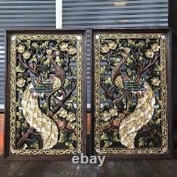 Set of 2 Peacock Hand Carved Wood Wall Hanging Panel Home Decor