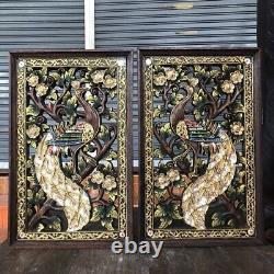 Set of 2 Peacock Hand Carved Wood Wall Hanging Panel Home Decor