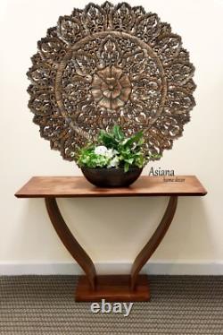 Set of 3. Large Asian Carved Wood Floral Wall Decor Panels. 36 Round. Brown