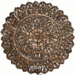 Set of 3. Large Asian Carved Wood Floral Wall Decor Panels. 36 Round. Brown