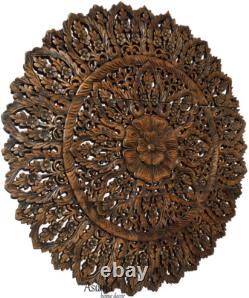 Set of 3. Large Asian Carved Wood Floral Wall Decor Panels. 36 Round. Brown