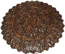 Set of 3. Large Asian Carved Wood Floral Wall Decor Panels. 36 Round. Brown