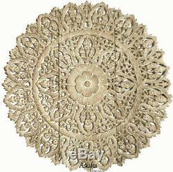 Set of 3. Large Asian Carved Wood Floral Wall Decor Panels. 36 Round. White wash