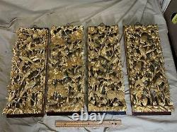 Set of 4 Antique Chinese 3D Carved Wood Gilt Gold Panels 19.25x7 Birds/Flowers