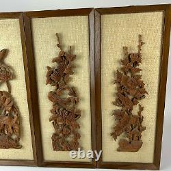 Set of 4 Vintage Mid Century Hand carved wood relief Asian Wall Art panels